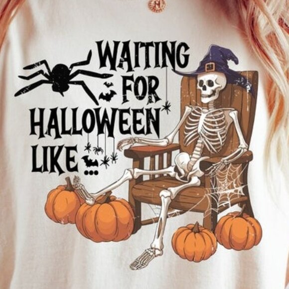 Waiting for Halloween Skeleton T-shirt, Funny Halloween Spooky Pumpkin Tee - Picture 2 of 4